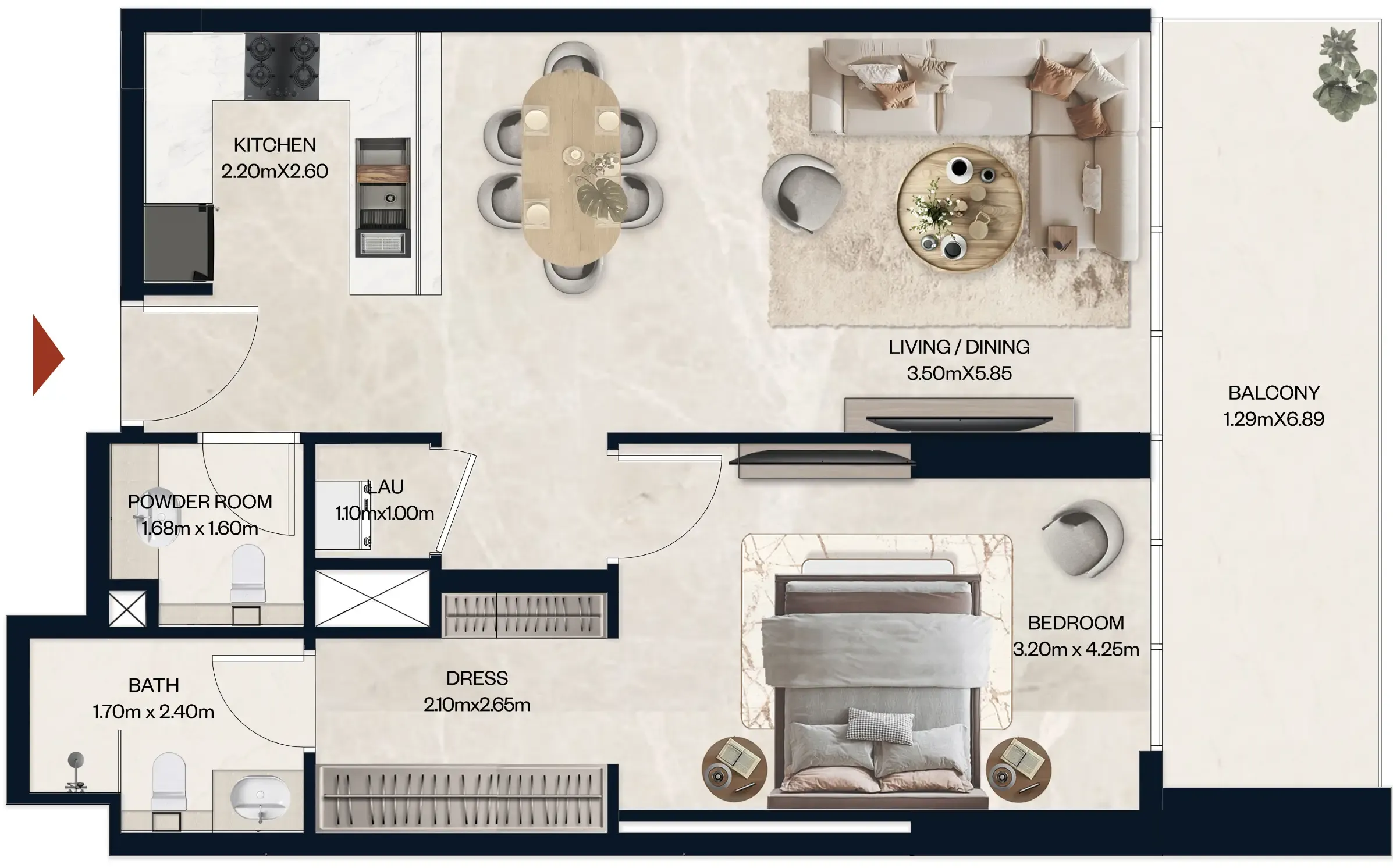 Norah Residence 1 bed floor plan, 774 sqft