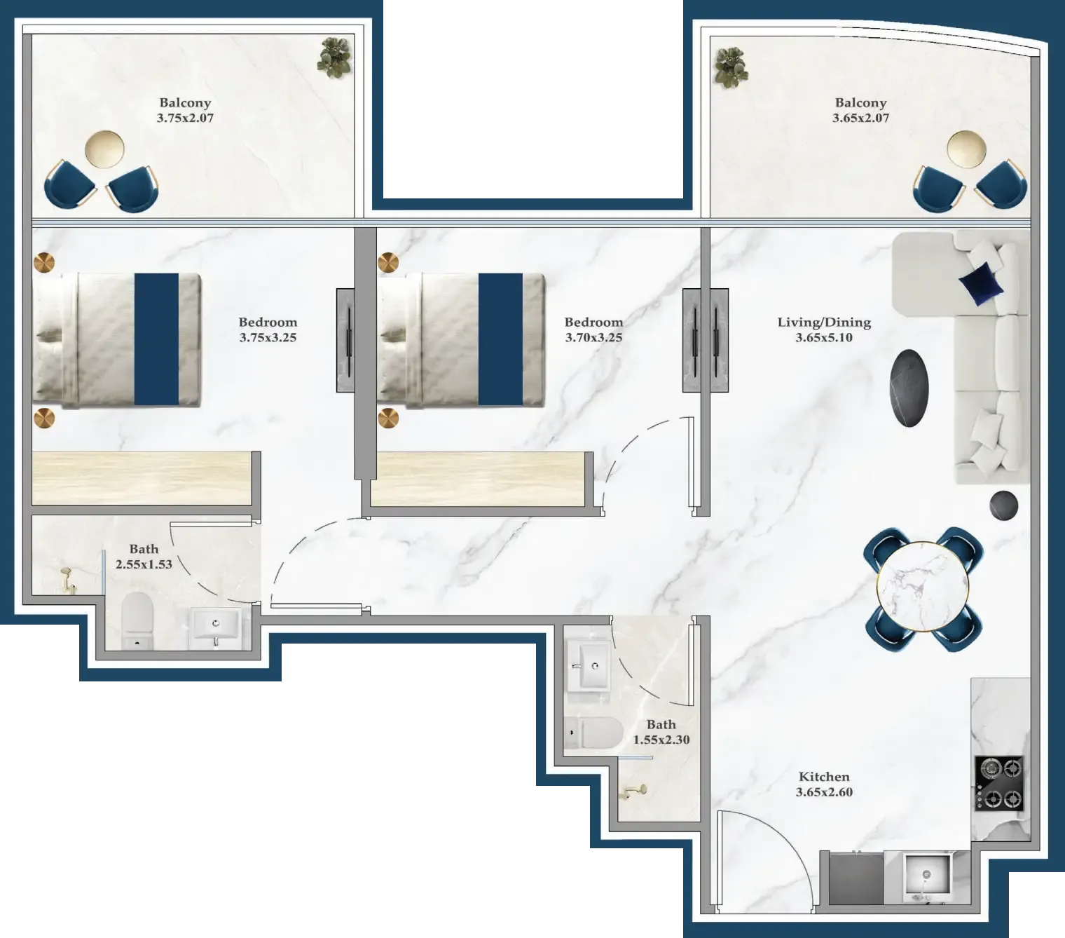 Serenz 2 bed floor plan, 854 sqft