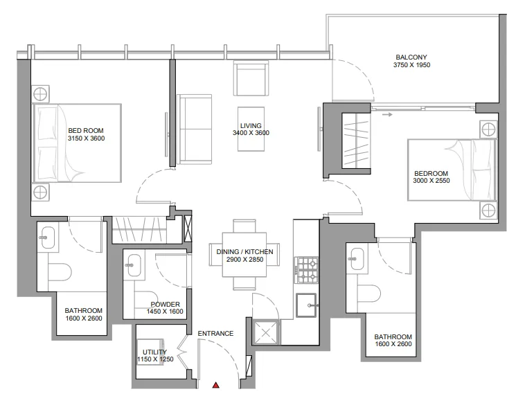Sobha Aquamont 2 bed floor plan, 786 sqft