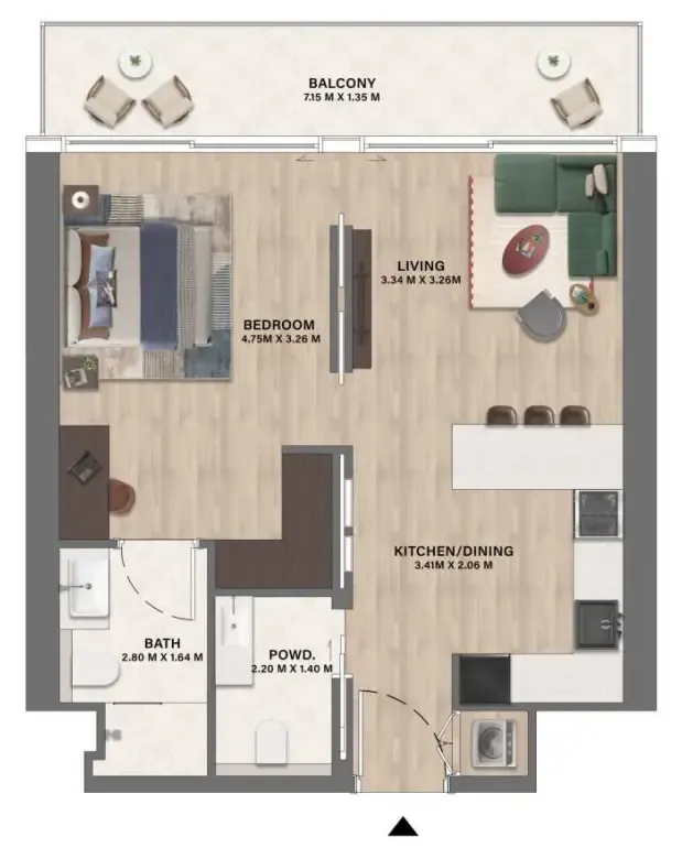 Mövenpick Residences Dubai Motor City Phase 1 1 bed floor plan, 703 sqft