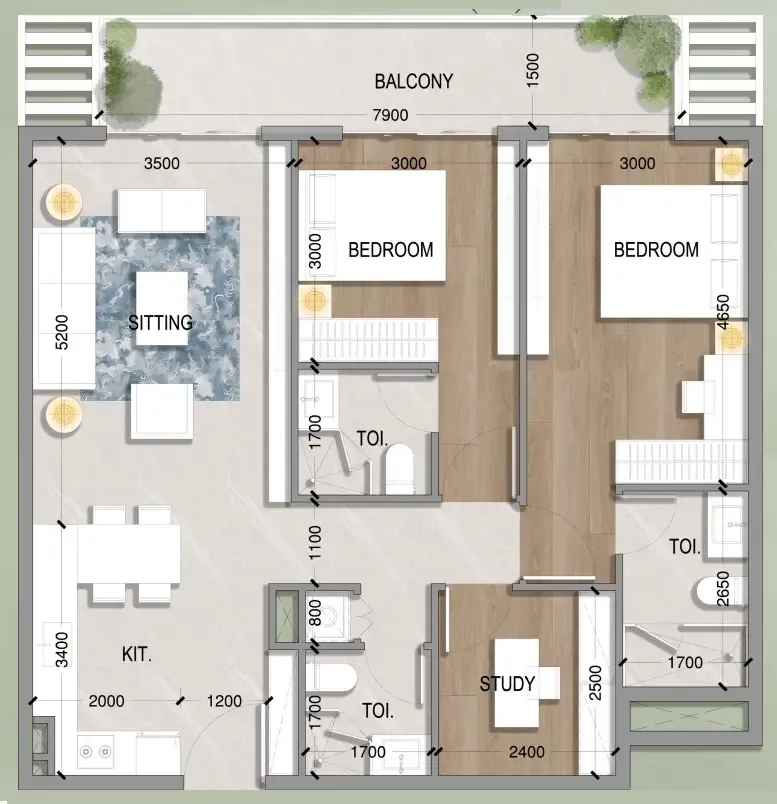 Oasis Residences 2 bed floor plan, 1,054 sqft