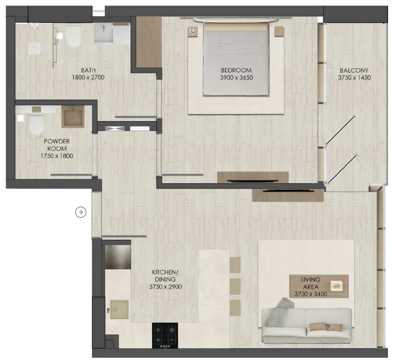 JAD 288 1 bed floor plan, 666 sqft