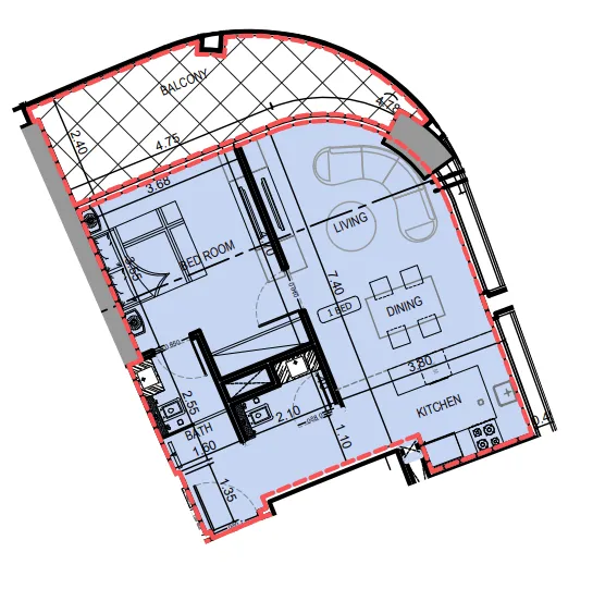 Binghatti Skyrise 1 bed floor plan, 831 sqft