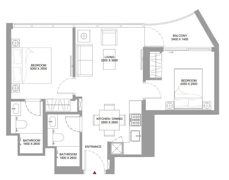 Pearlside Marina Residences 2 bed floor plan, 675 sqft
