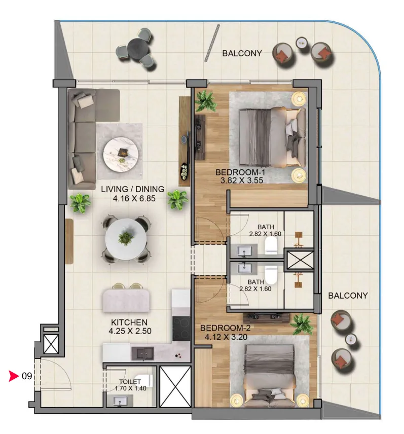 Sky Hills Residence 3 2 bed floor plan, 1,492 sqft