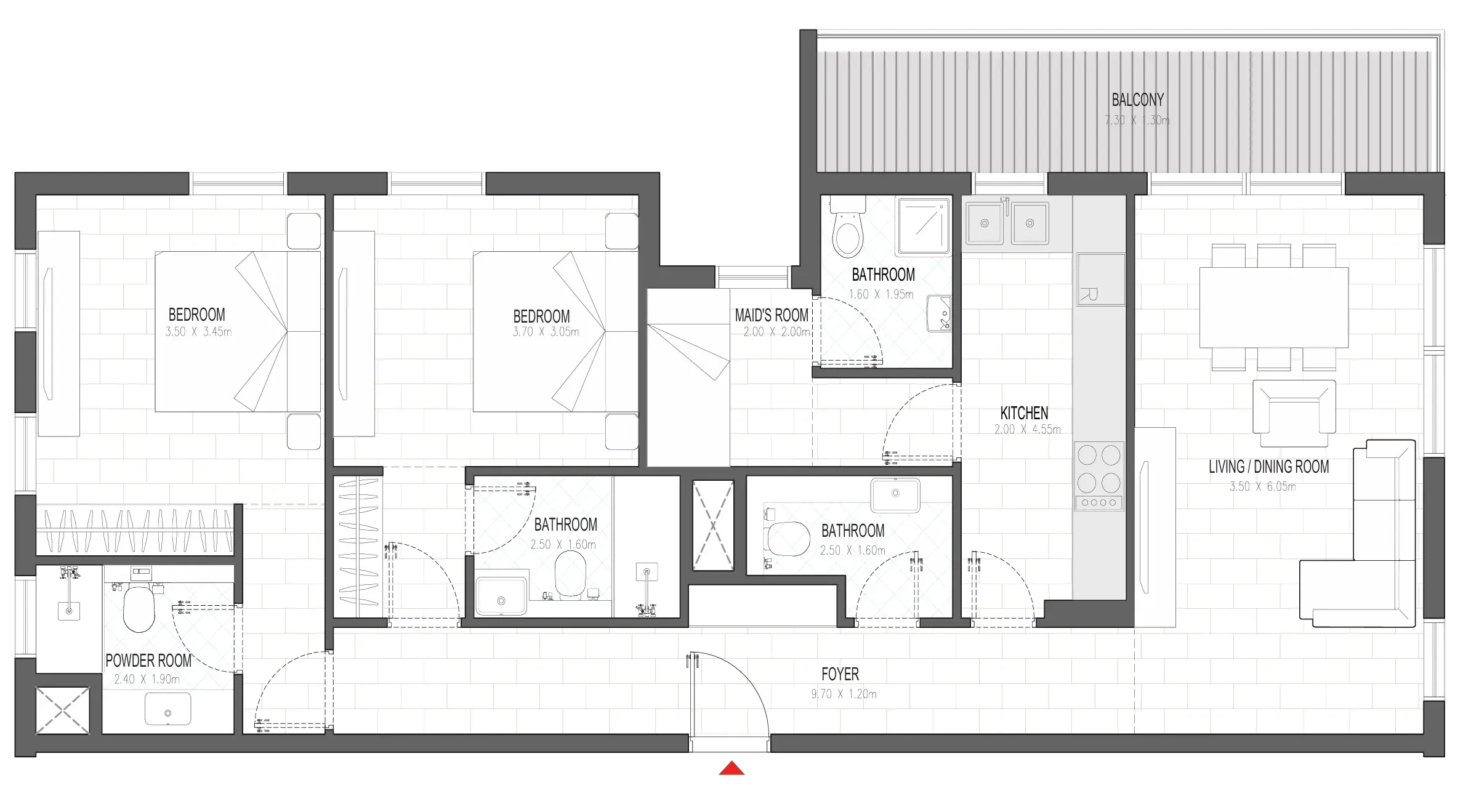 Olfah 2 bed floor plan, 1,245 sqft