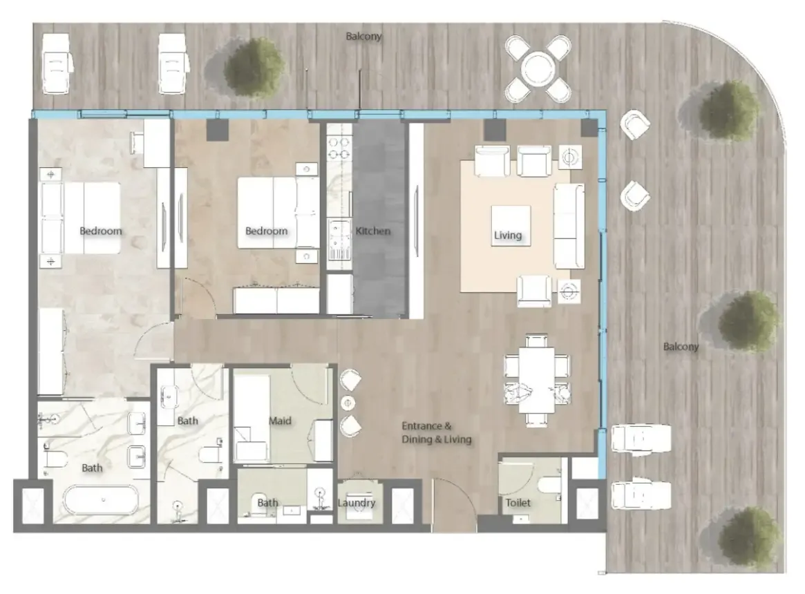 Yas Beach Residence 2 bed floor plan, 2,091 – 2,529 sqft
