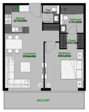 The Central Downtown 1 bed floor plan, 764 sqft