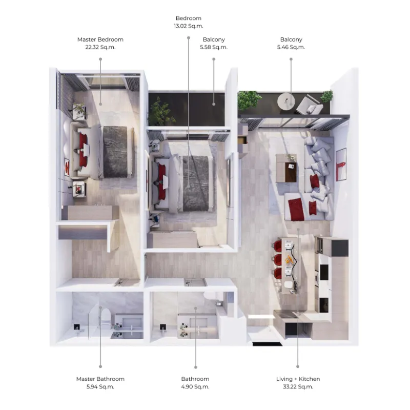 Wallaya Residence Nai Harn 2 bed floor plan, 969 sqft