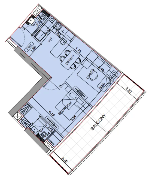 Binghatti Aquarise 1 bed floor plan, 832 sqft