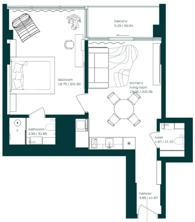 Vibe 1 bed floor plan, 644 sqft
