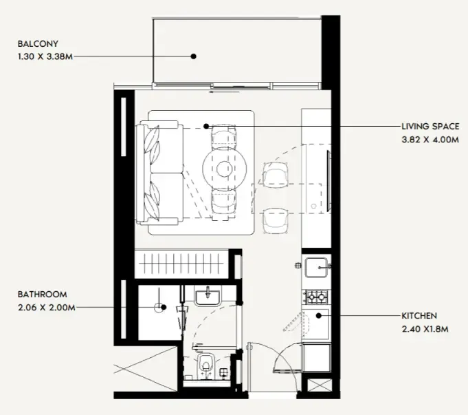 Jaddaf Beach Oasis Studio floor plan, 321 – 322 sqft