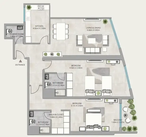Ajman Creek Towers 2 bed floor plan, 1,996 sqft
