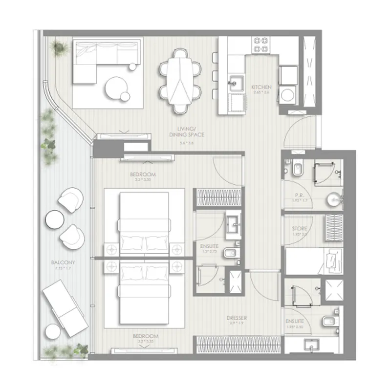 Sol Luxe 2 bed floor plan, 1,102 – 1,260 sqft