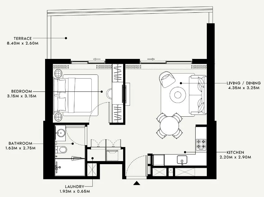 Beach Oasis 1 and 2 1 bed floor plan, 786 sqft