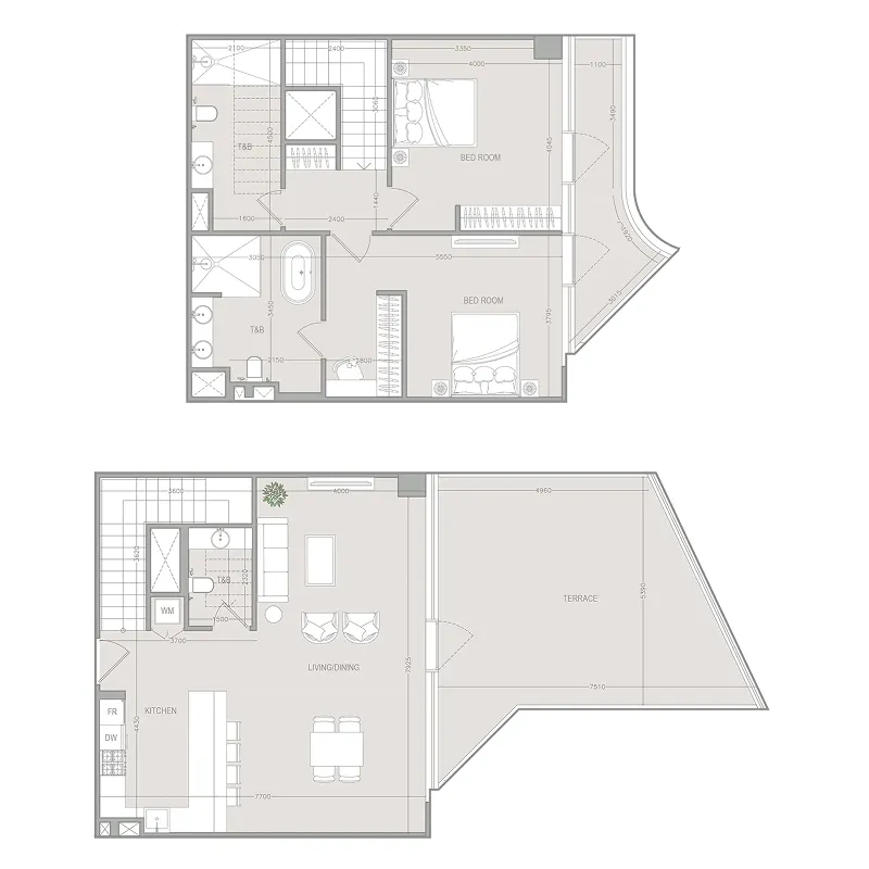 A1LA Residence 2 bed floor plan, 1,897 sqft