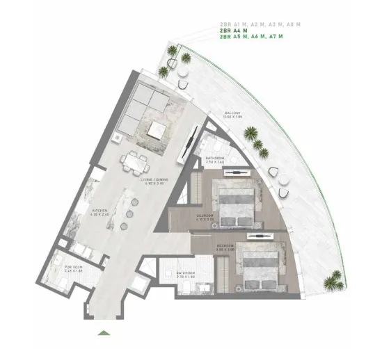 Canal Crown 2 bed floor plan, 1,300 sqft