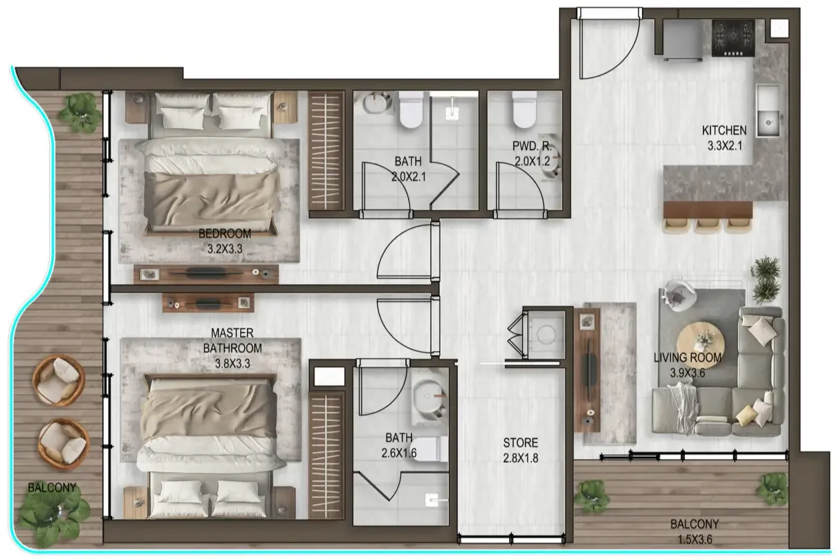 Noore 2 bed floor plan, 1,123 sqft