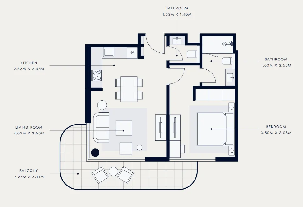 Azizi Venice 1 bed floor plan, 707 sqft