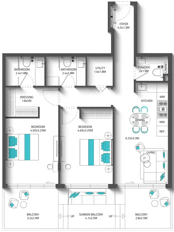 Reef 996 2 bed floor plan, 1,219 sqft