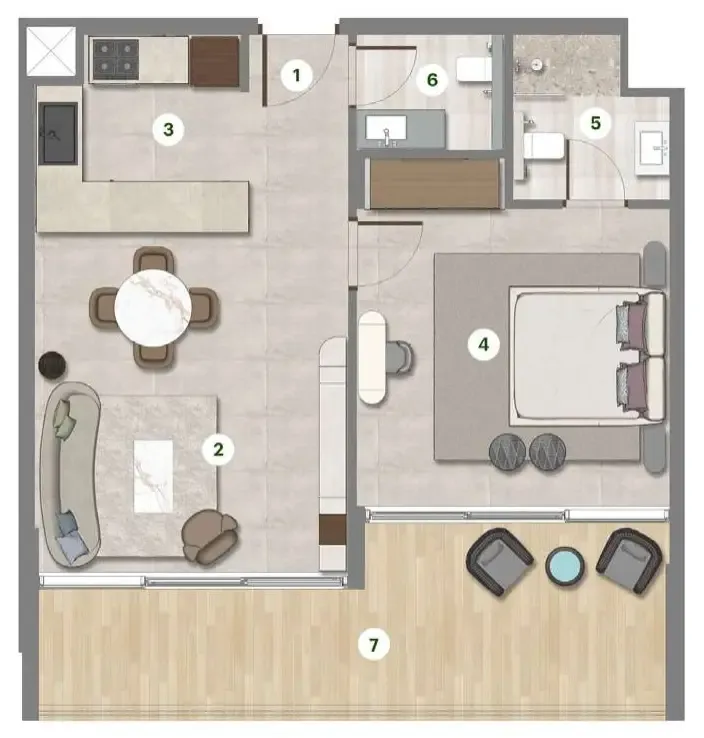 Parkgreen Residences 1 bed floor plan, 696 – 697 sqft