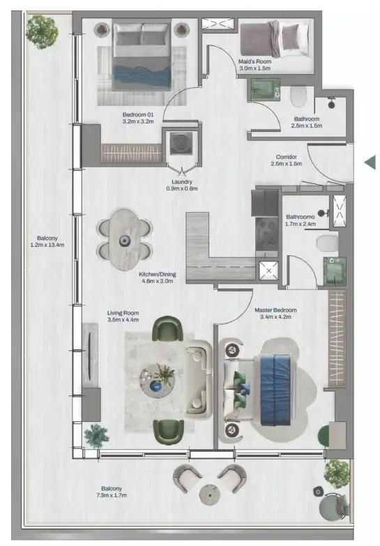 Oceara Park View Residences Phase 1 2 bed floor plan, 1,228 sqft