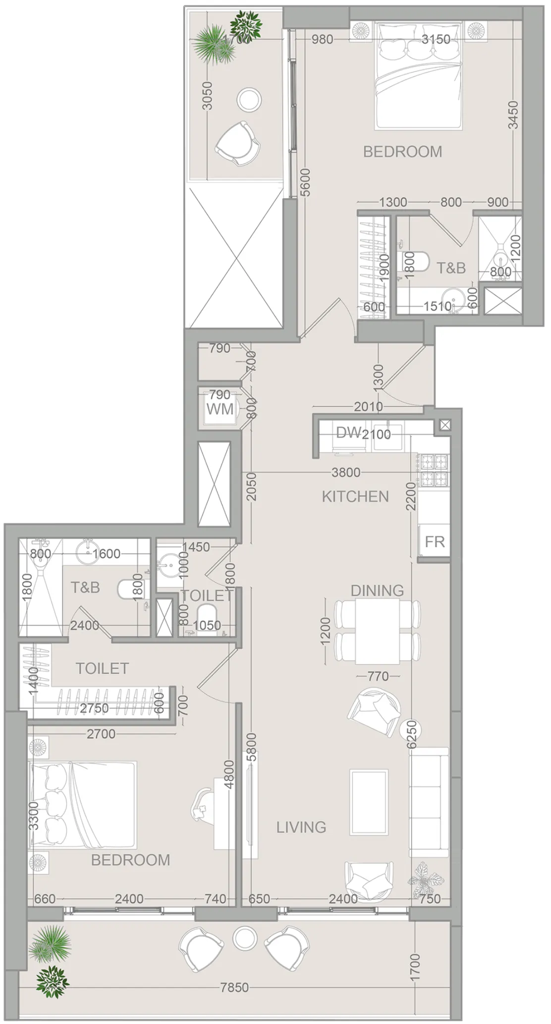 VERDAN1A 2 2 bed floor plan, 1,250 sqft