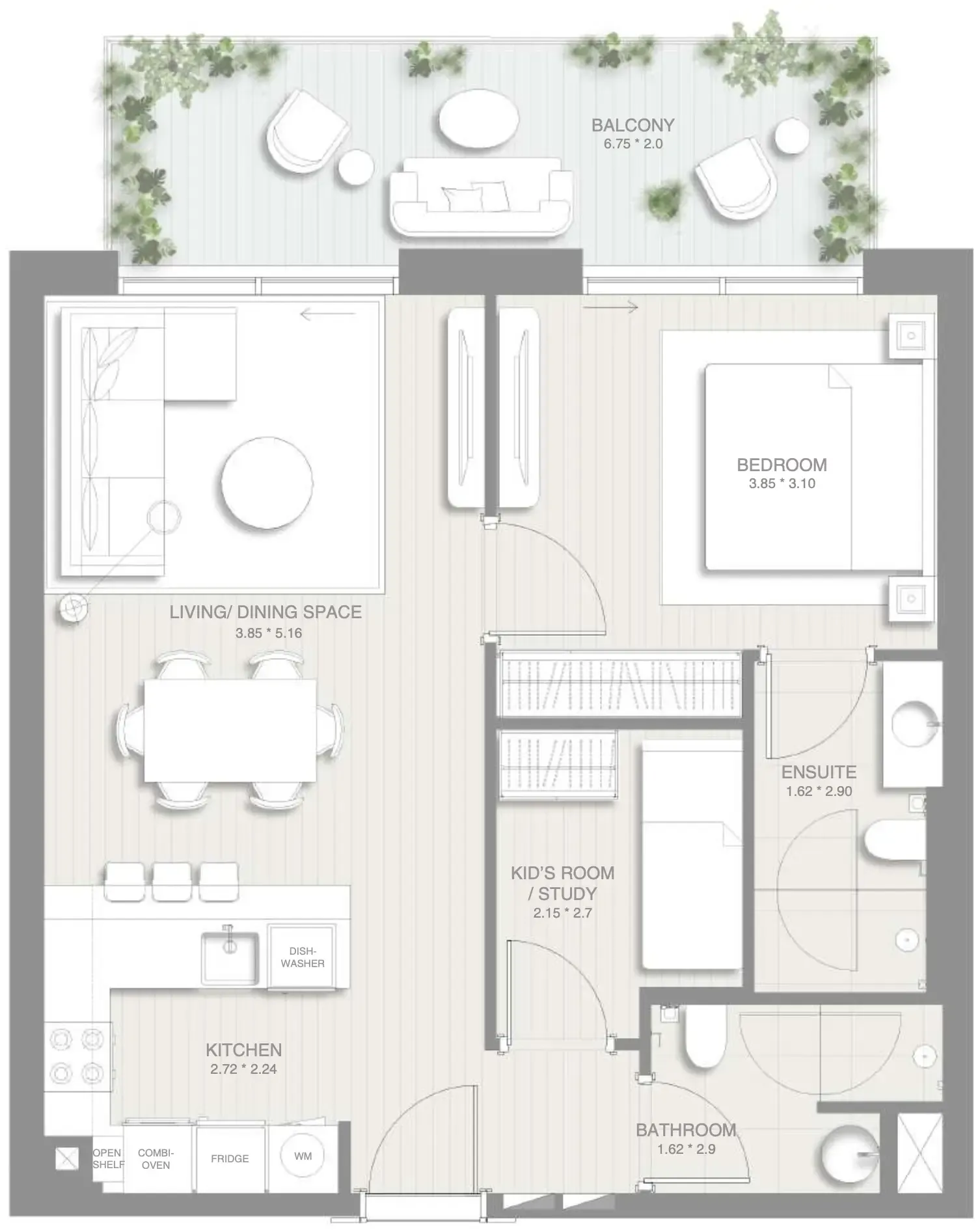 Sol Levante 1 bed floor plan, 860 sqft