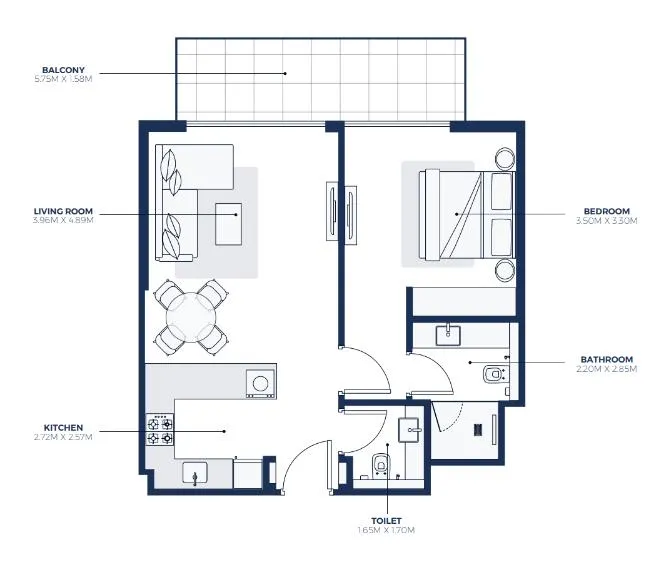 Creek Views 3 1 bed floor plan, 733 sqft