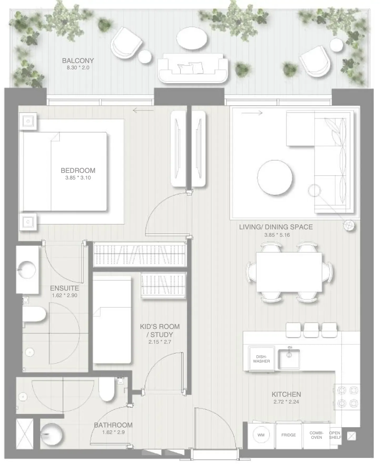 Sol Levante 1 bed floor plan, 883 sqft