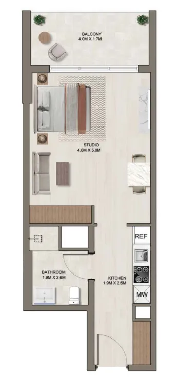 Ghaff Land Residence Studio floor plan, 492 – 495 sqft