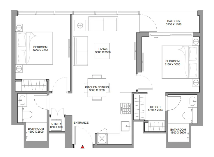 Pearlside Marina Residences 2 bed floor plan, 775 – 776 sqft