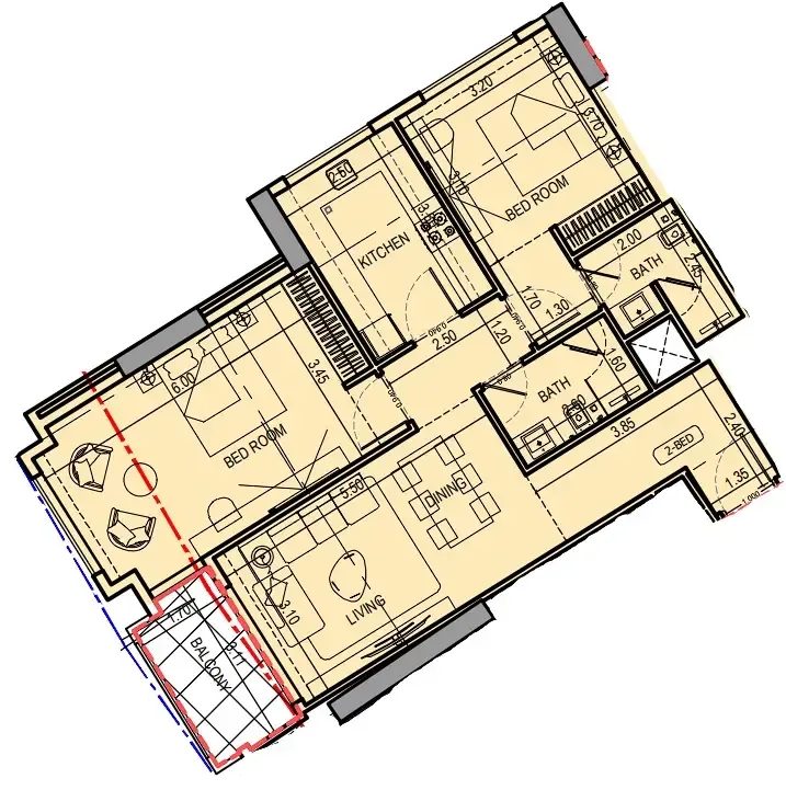 Binghatti Wraith 2 bed floor plan, 1,182 sqft