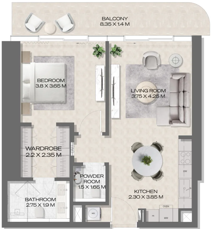 DWTN Residences 1 bed floor plan, 901 sqft