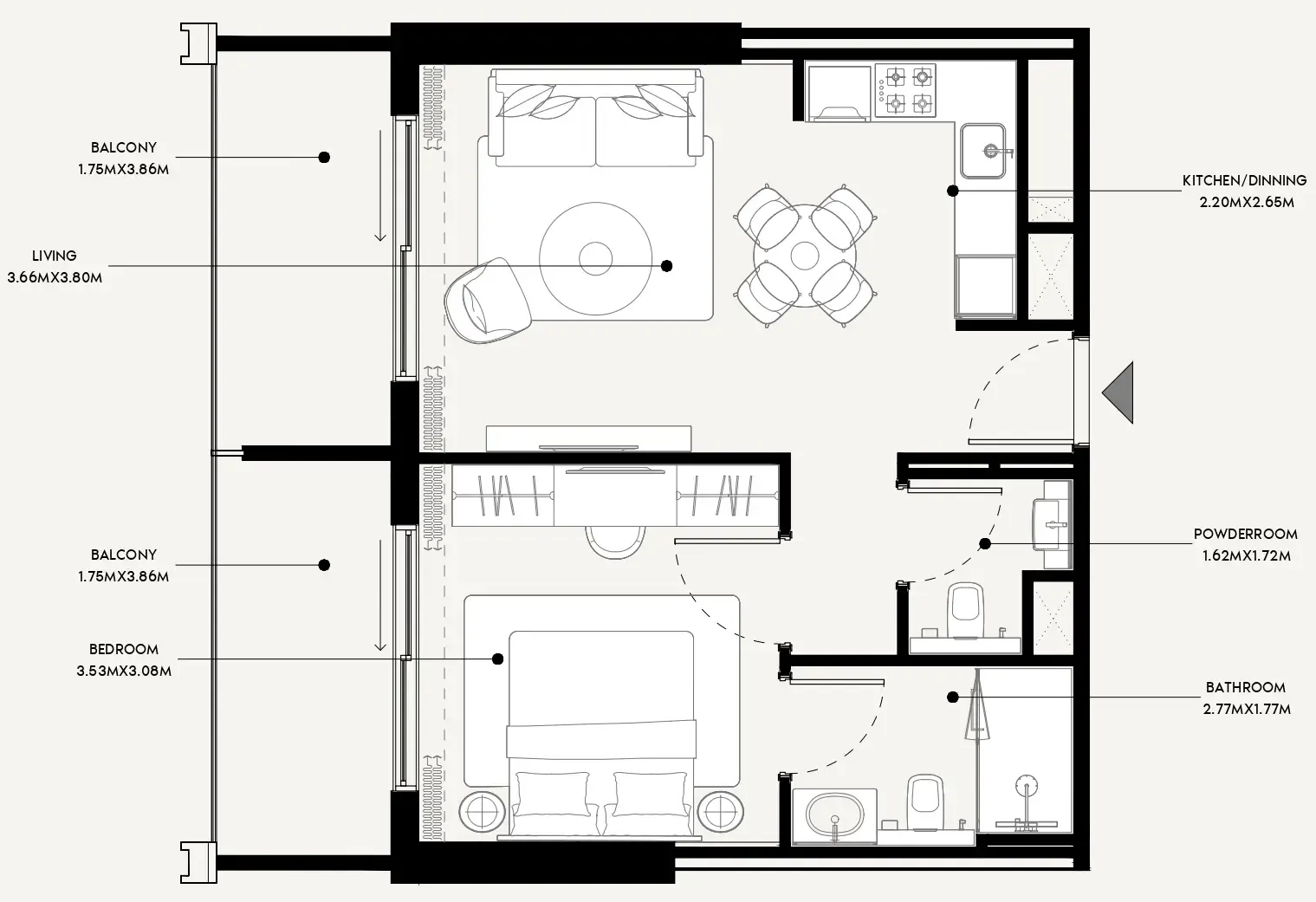 Azizi Venice 1 bed floor plan, 708 sqft