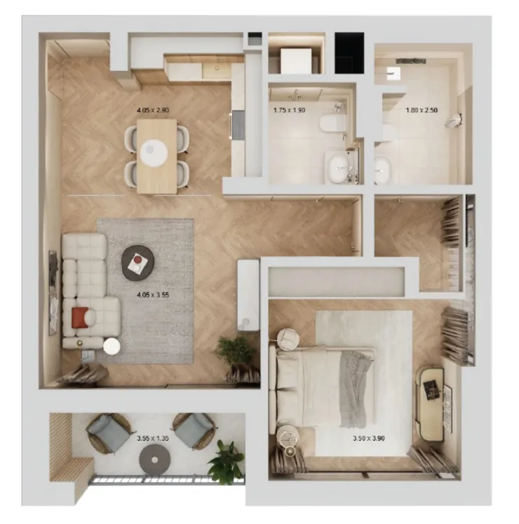 Arisha Terraces 1 bed floor plan, 708 sqft