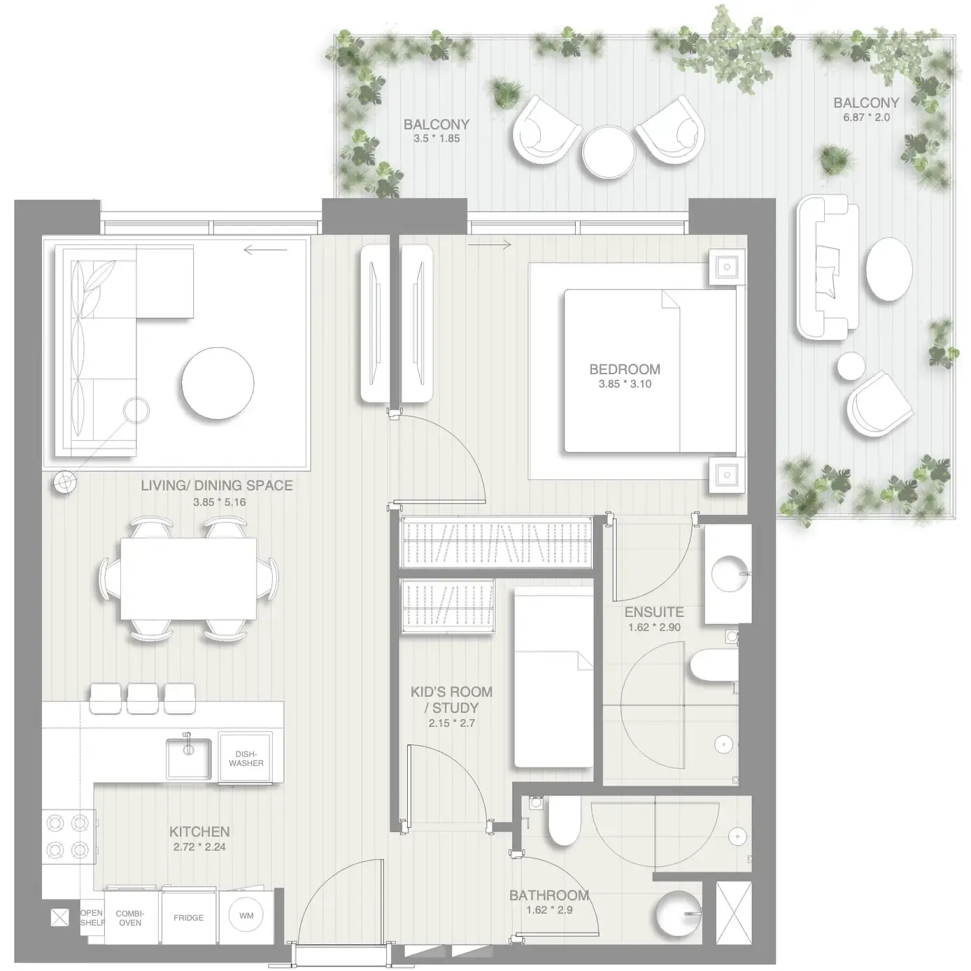 Sol Levante 1 bed floor plan, 925 sqft