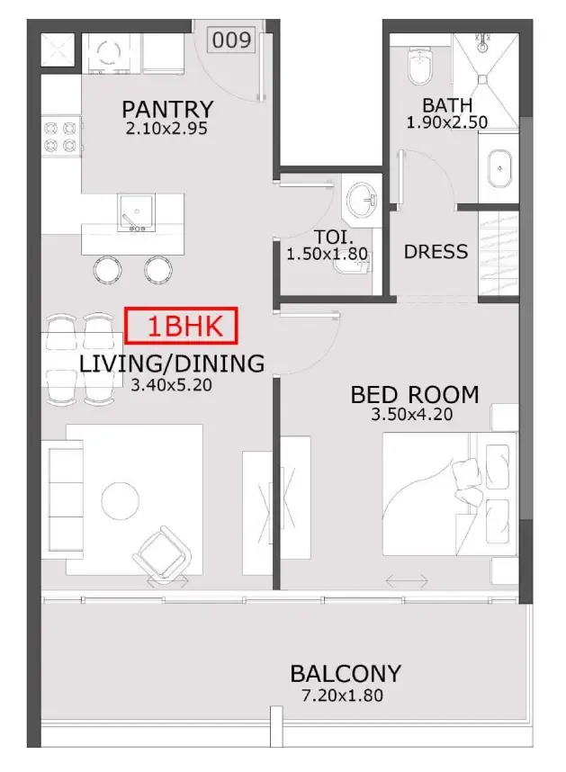 Azra Residence 1 bed floor plan, 753 sqft