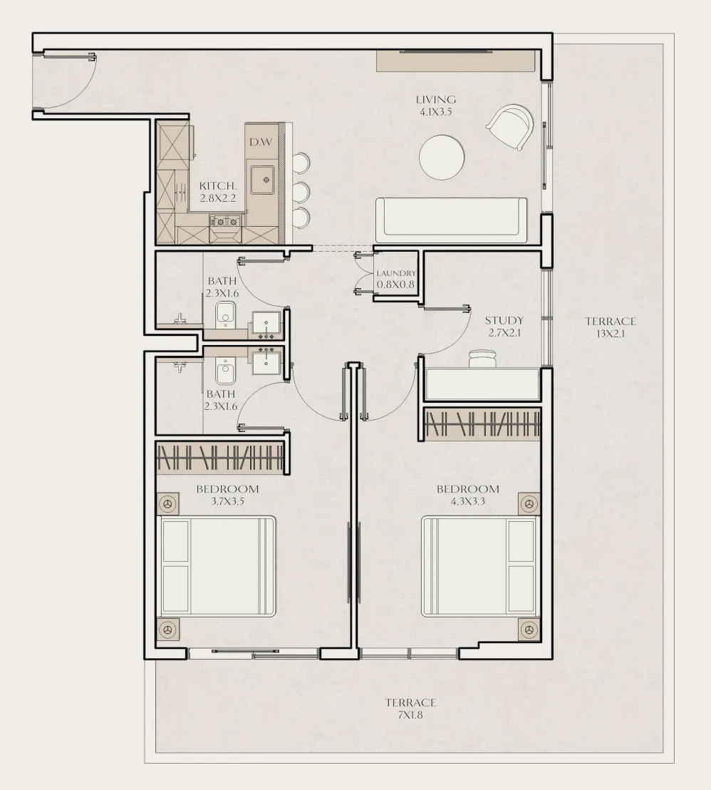Tavora Residences 2 bed floor plan, 1,310 sqft