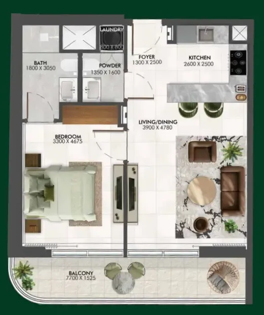 Enchante 1 bed floor plan, 728 sqft