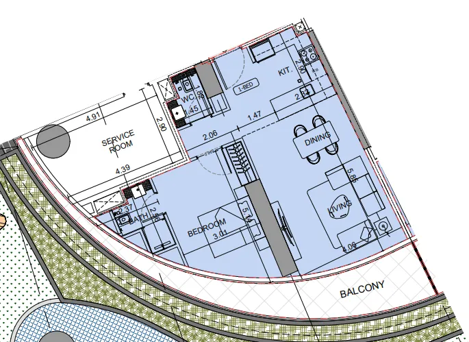 Binghatti Aquarise 1 bed floor plan, 857 sqft