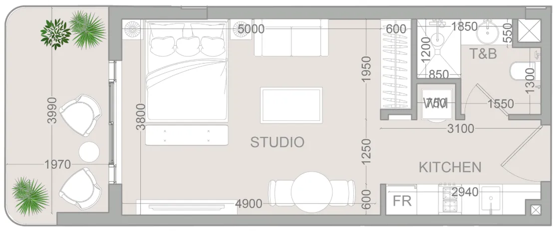 TETR1S Tower Studio floor plan, 452 sqft