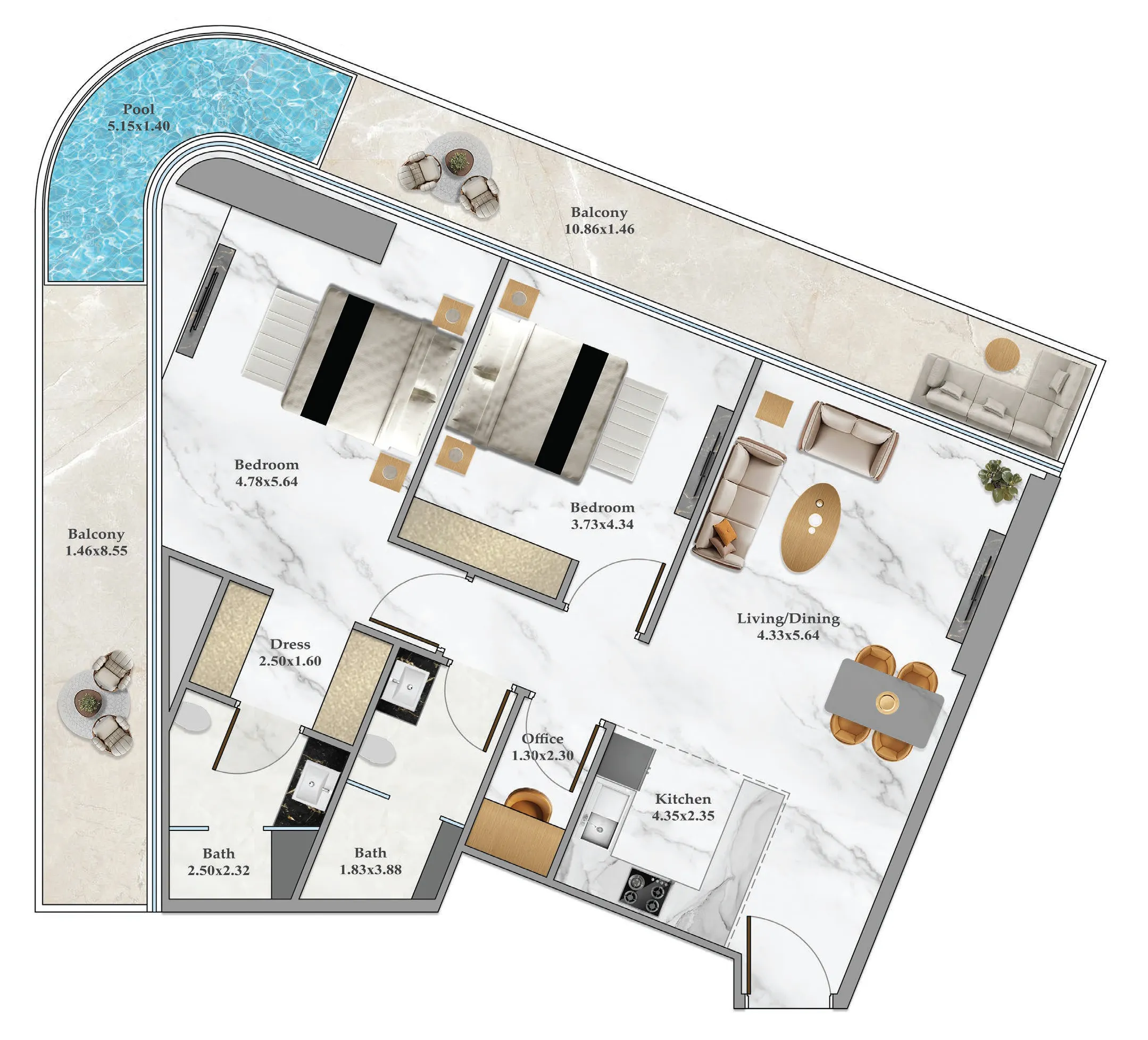 Bayz 102 2 bed floor plan, 1,464 sqft