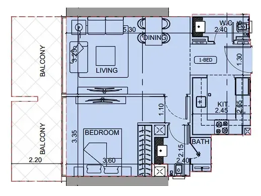 Binghatti Cullinan 1 bed floor plan, 729 sqft