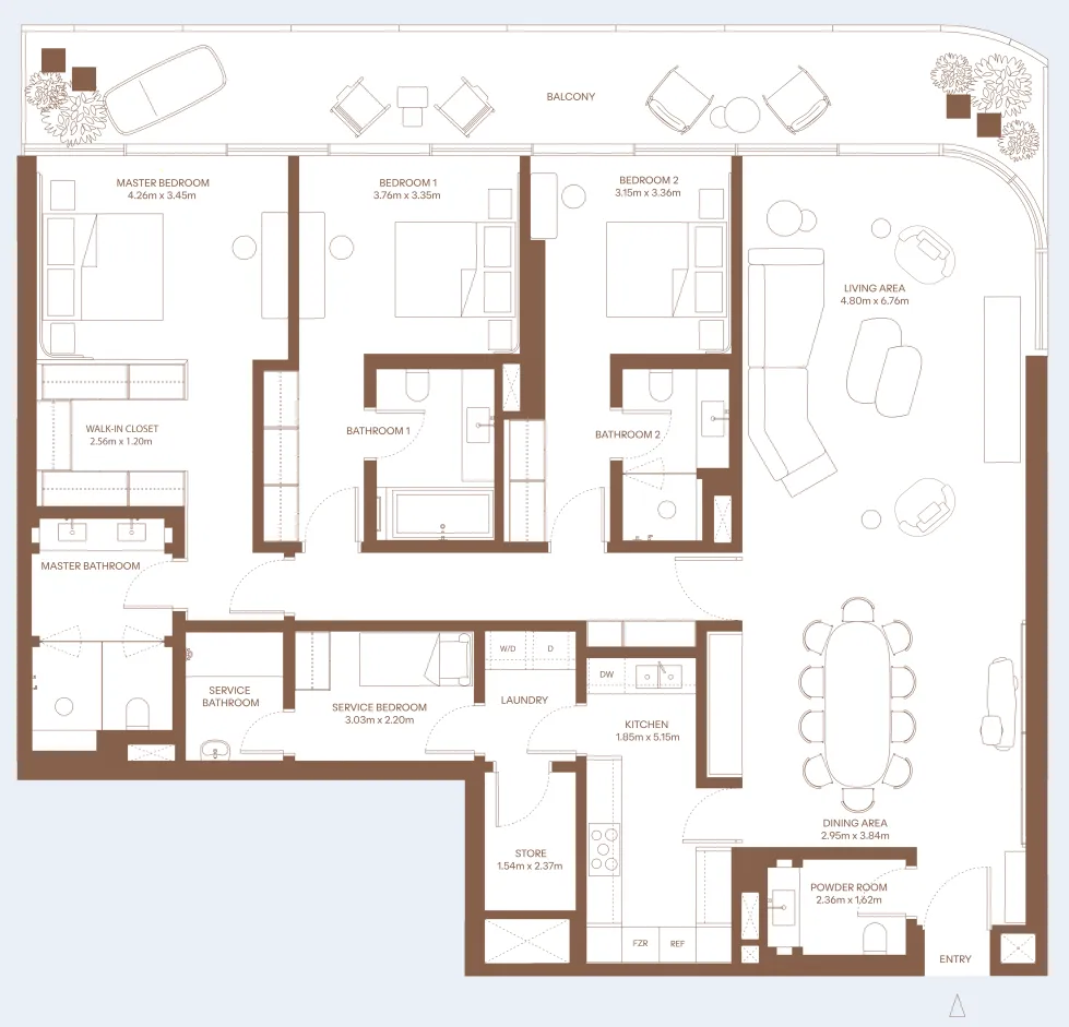 Dubai Harbour Residence 3 bed floor plan, 2,683 – 2,718 sqft