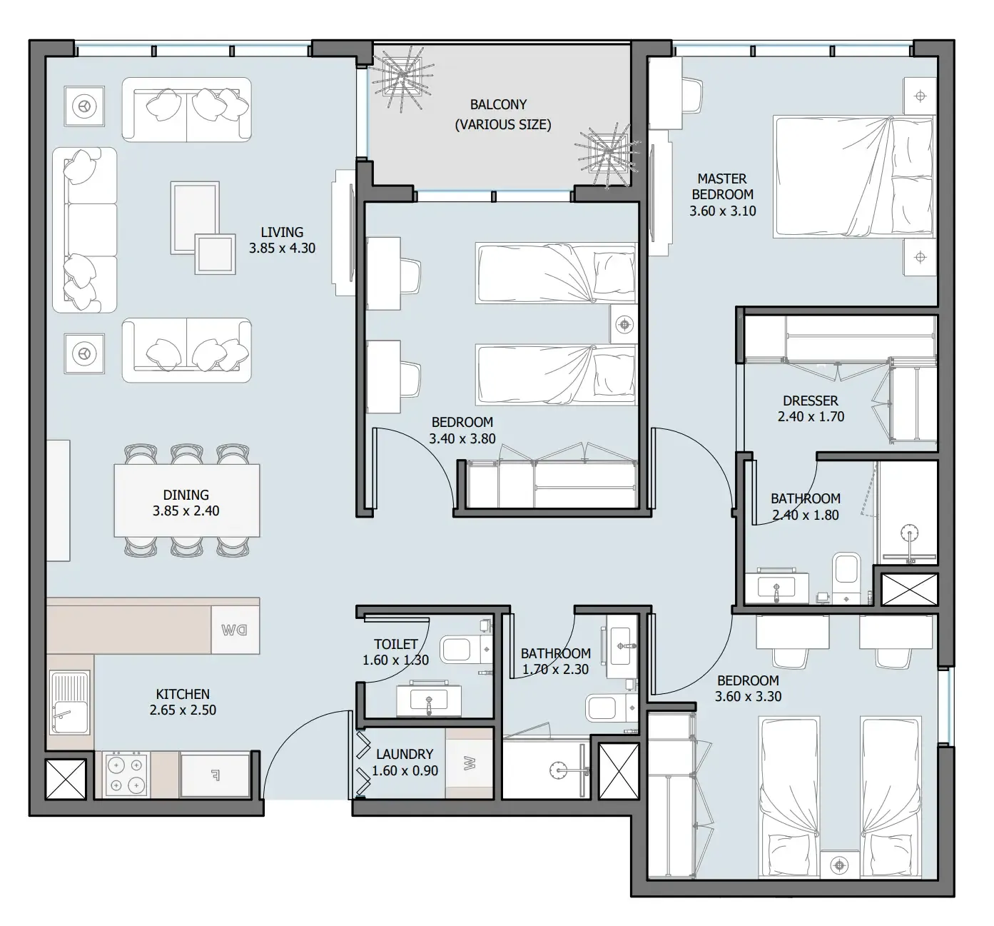 The District 3 bed floor plan, 1,290 sqft