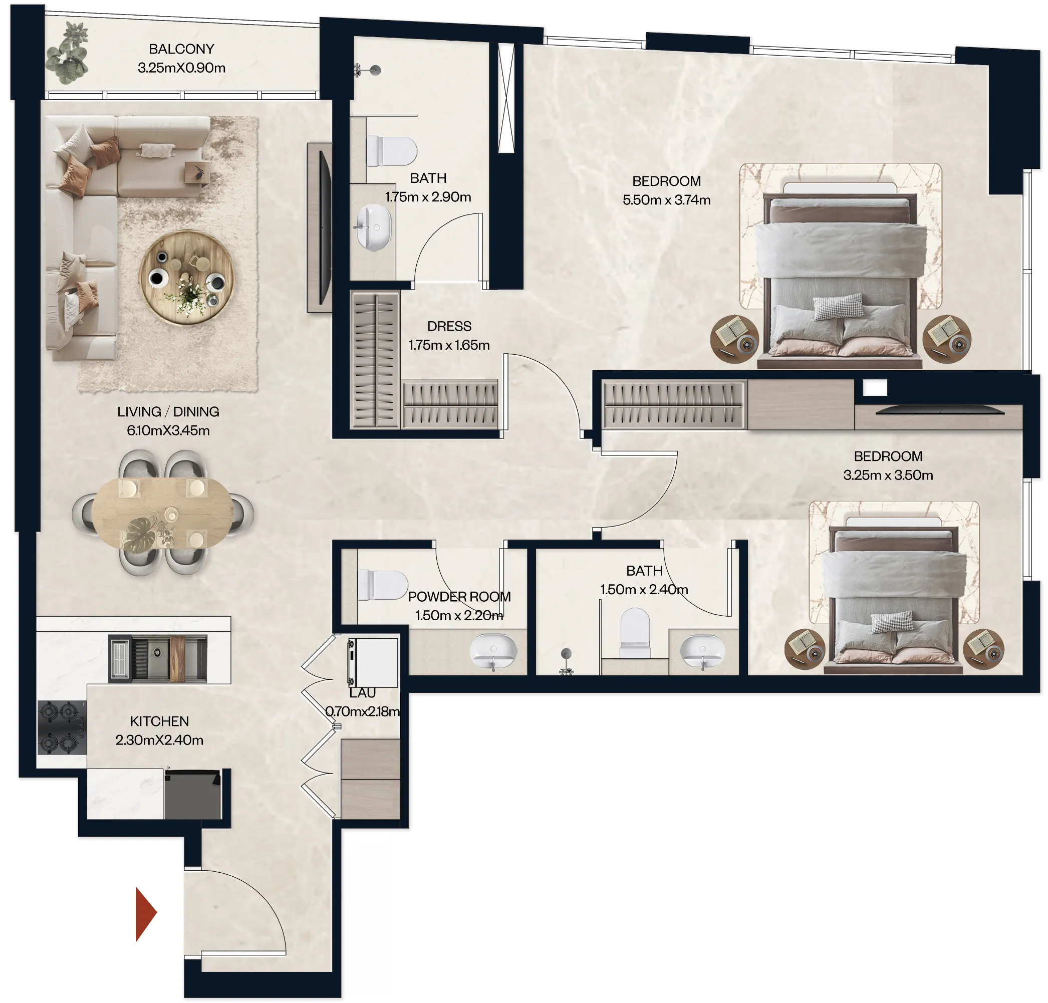 Norah Residence 2 bed floor plan, 1,076 sqft