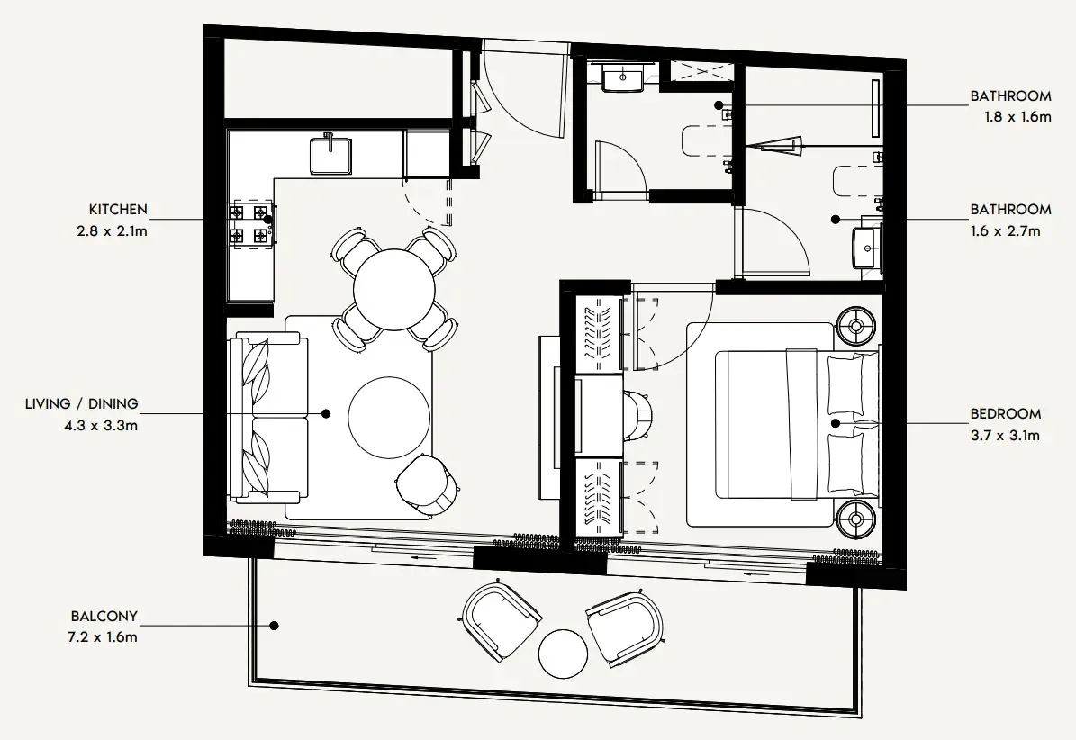 Azizi Noura 1 bed floor plan, 671 sqft