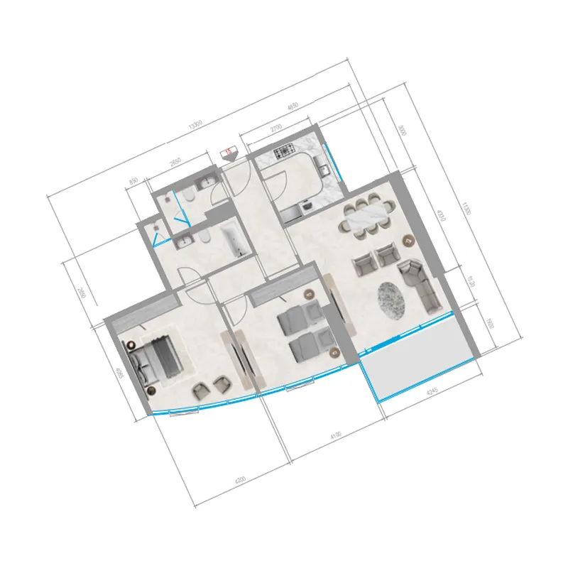 Orchid Towers Phase 1 2 bed floor plan, 1,154 sqft