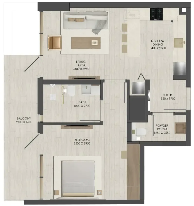 JAD 288 1 bed floor plan, 750 sqft